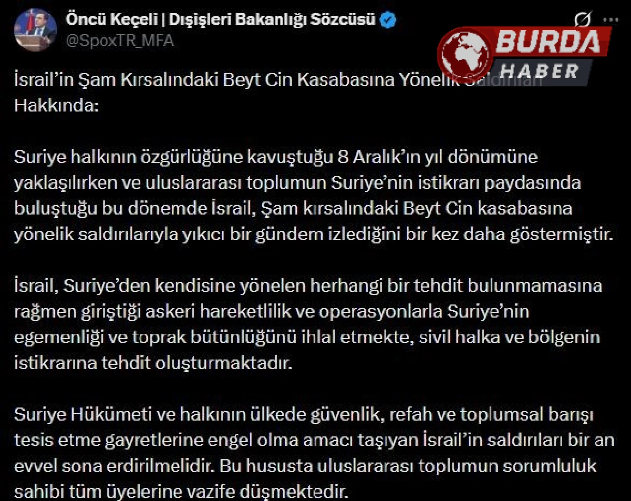 Dışişleri Bakanlığından İsrail'in Suriye'deki Saldırılarına Tepki
