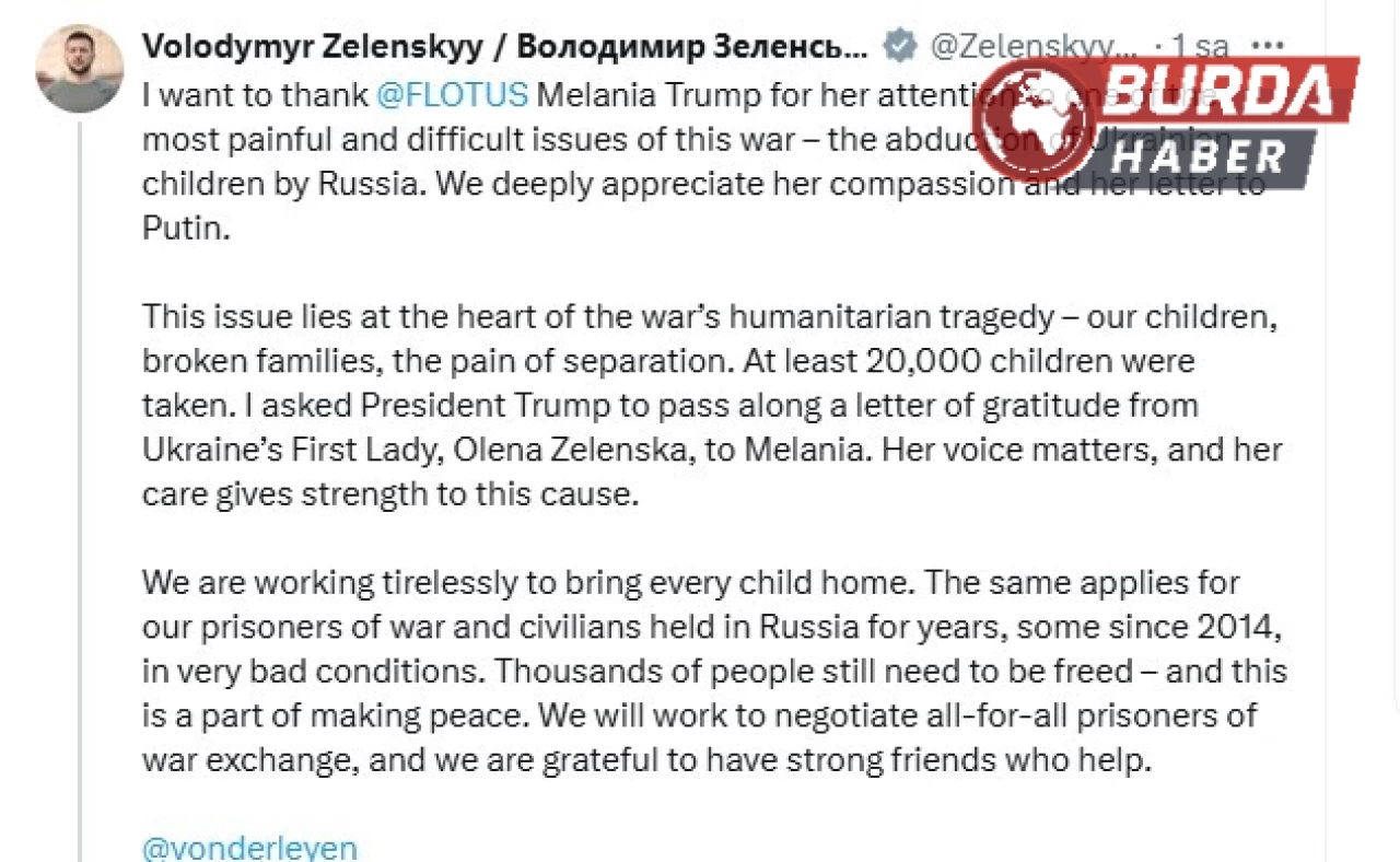Başkan Zelenskiy’den ABD First Lady’si Melania Trump’a teşekkür