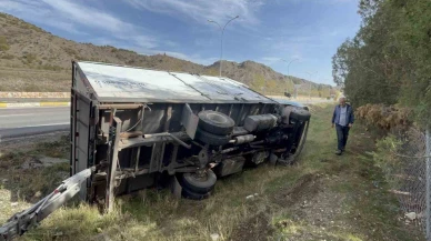 Yolda ilerlerken direksiyonu kilitlenen kamyon, şarampole devrildi.