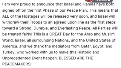 Trump: "İsrail ve Hamas Barış Planımızın ilk aşamasını onayladı"