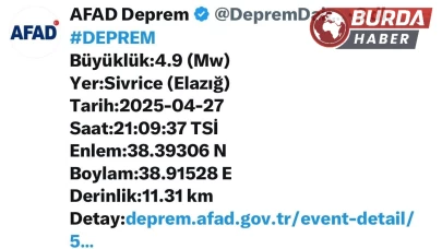 Elazığ’da 4,9 büyüklüğünde deprem meydana geldi.