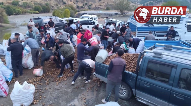 Kamyonet sürücüsü kasadaki patatesleri vatandaşlara ücretsiz dağıttı