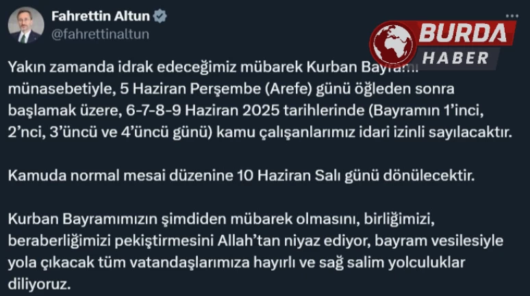Kurban Bayramı münasebetiyle kamu çalışanlarına 4,5 gün idari izin!