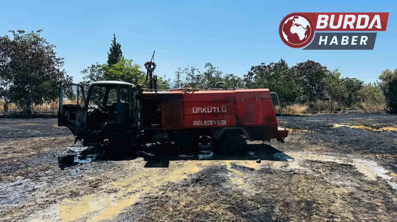 Arazi yangınında alevler itfaiye aracının da yanmasına sebep oldu.