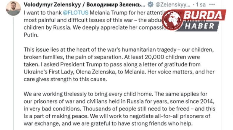 Başkan Zelenskiy’den ABD First Lady’si Melania Trump’a teşekkür
