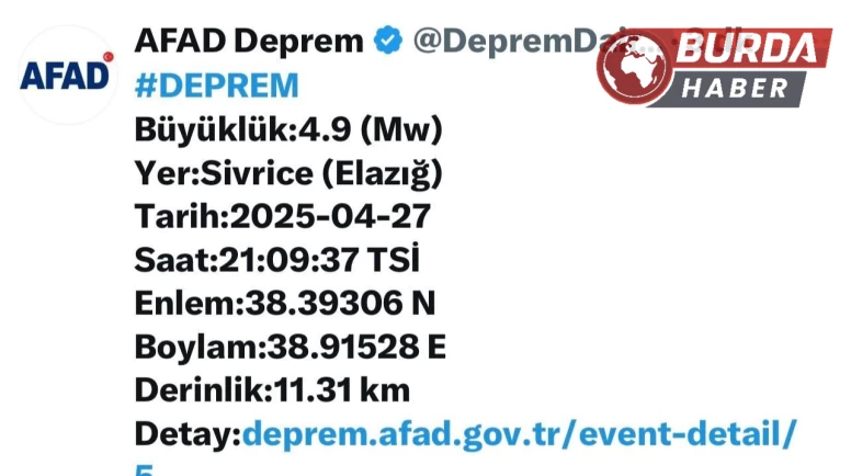 Elazığ’da 4,9 büyüklüğünde deprem meydana geldi.