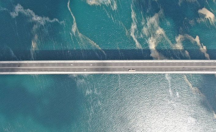 Osmangazi Köprüsü’nü saran deniz salyası havadan görüntülendi