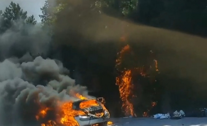 Bursa’da yanan otomobildeki alevler ormana sıçradı