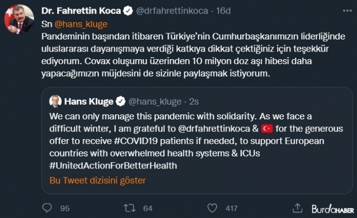 Bakan Koca: "Türkiye Covax oluşumu üzerinden 10 milyon doz aşı hibesi yapacak"
