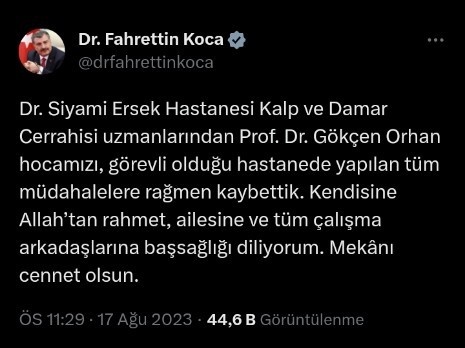 Sağlık Bakanı Fahrettin Koca, Prof. Dr. Gökçen Orhan için taziye mesajı yayınladı